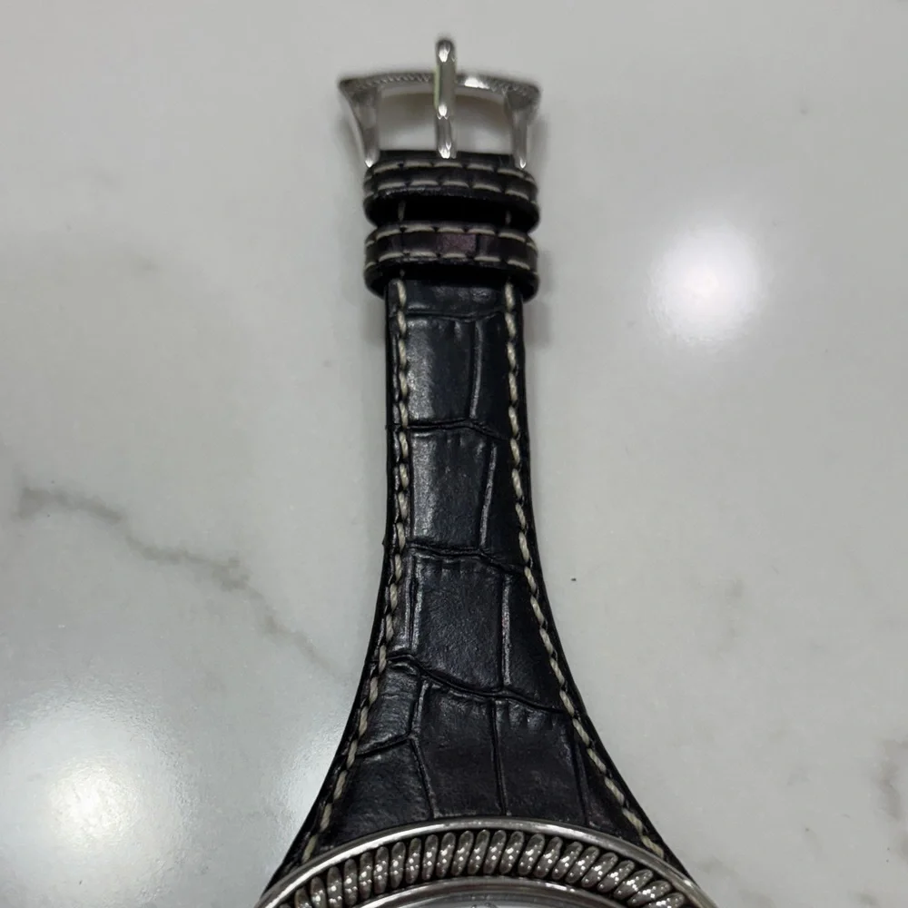 Black Leather Strap Women's Oval Silver-Tone Watch